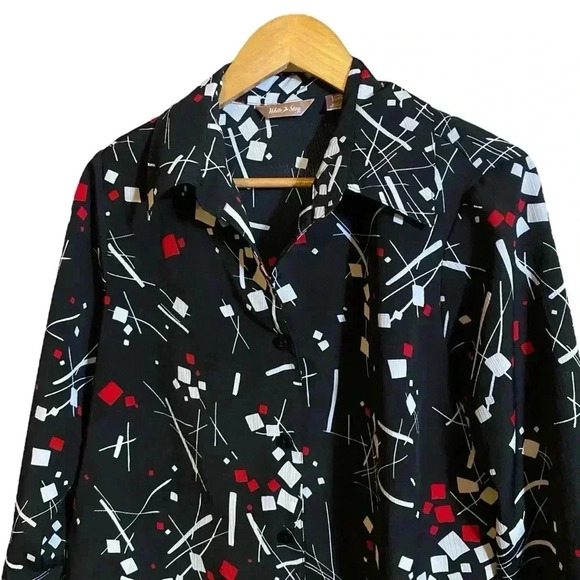 White Stag Women's Black Abstract Geometric Print Button Down Top Blouse 1X 16W - Picture 2 of 13